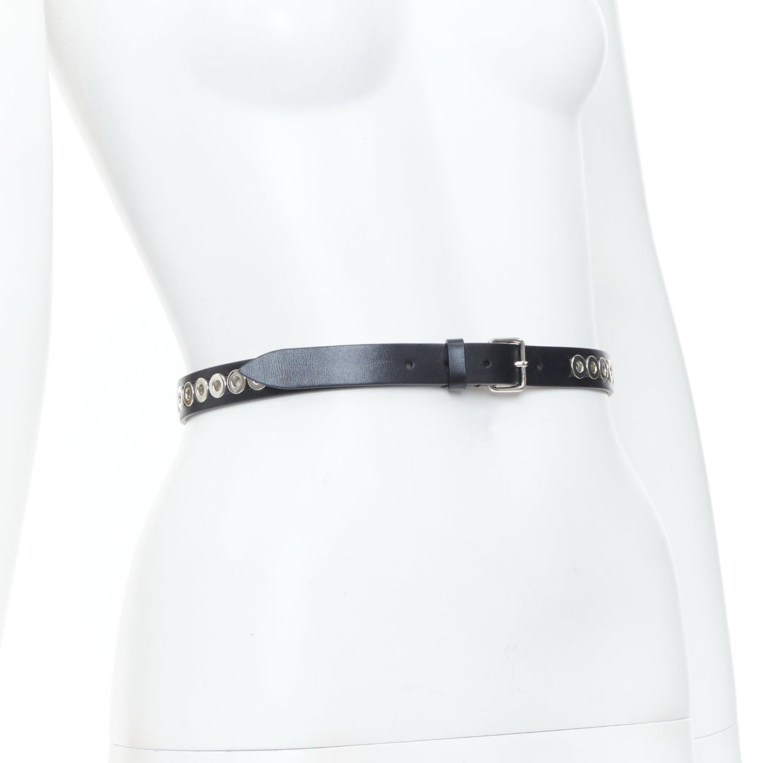 ALAIA Ovale black studded smooth calfskin leather waist belt grommet 65cm