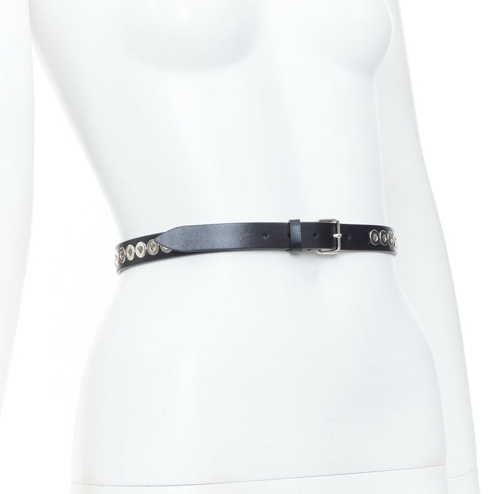 ALAIA Ovale black studded smooth calfskin leather waist belt grommet 65cm