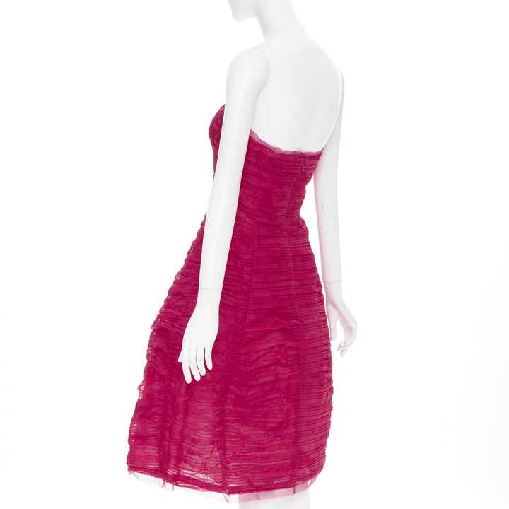 OSCAR DE LA RENTA R17 raspberry pleated silk strapless midi dress US6 M