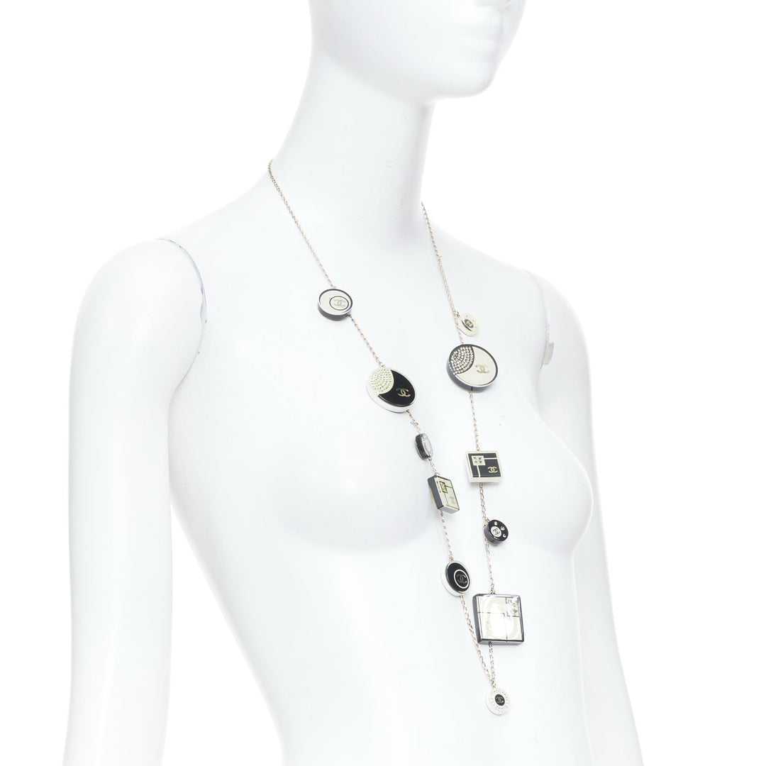 CHANEL 2008 08C black white geometric record resin charm station long necklace
