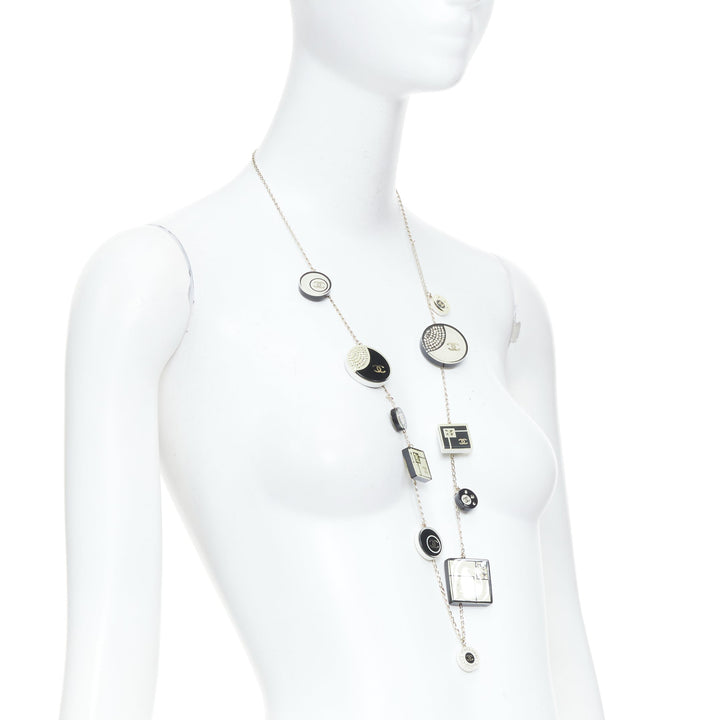 CHANEL 2008 08C black white geometric record resin charm station long necklace