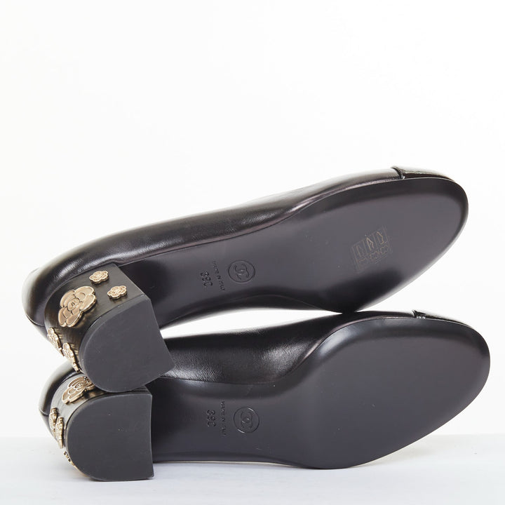 CHANEL 2021 black leather patent cap toe gold camellia block heel pumps EU39C