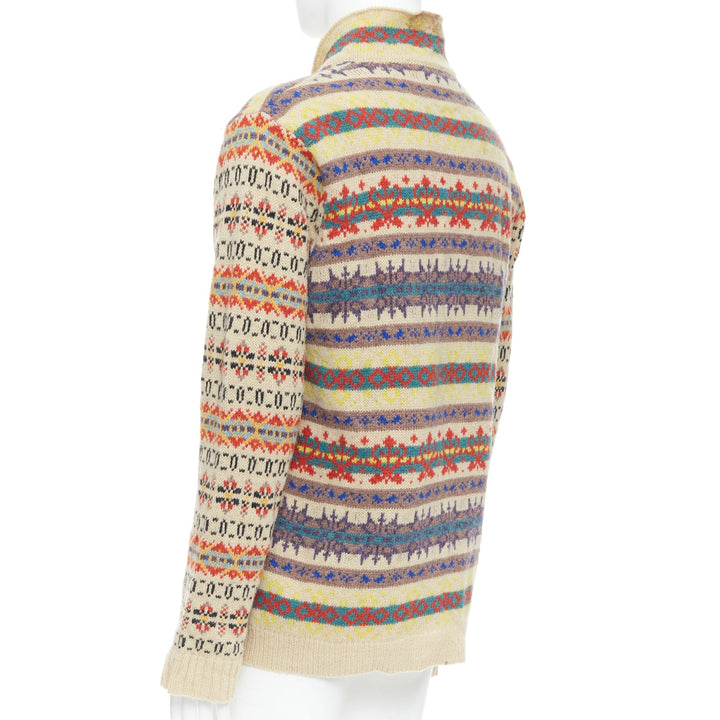 DRIES VAN NOTEN beige striped fairisle shetland wool sweater L