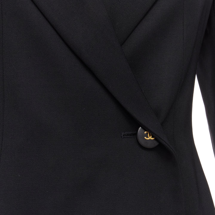 CHANEL 94A Vintage black wool gold CC button monogram lining blazer FR34 XS