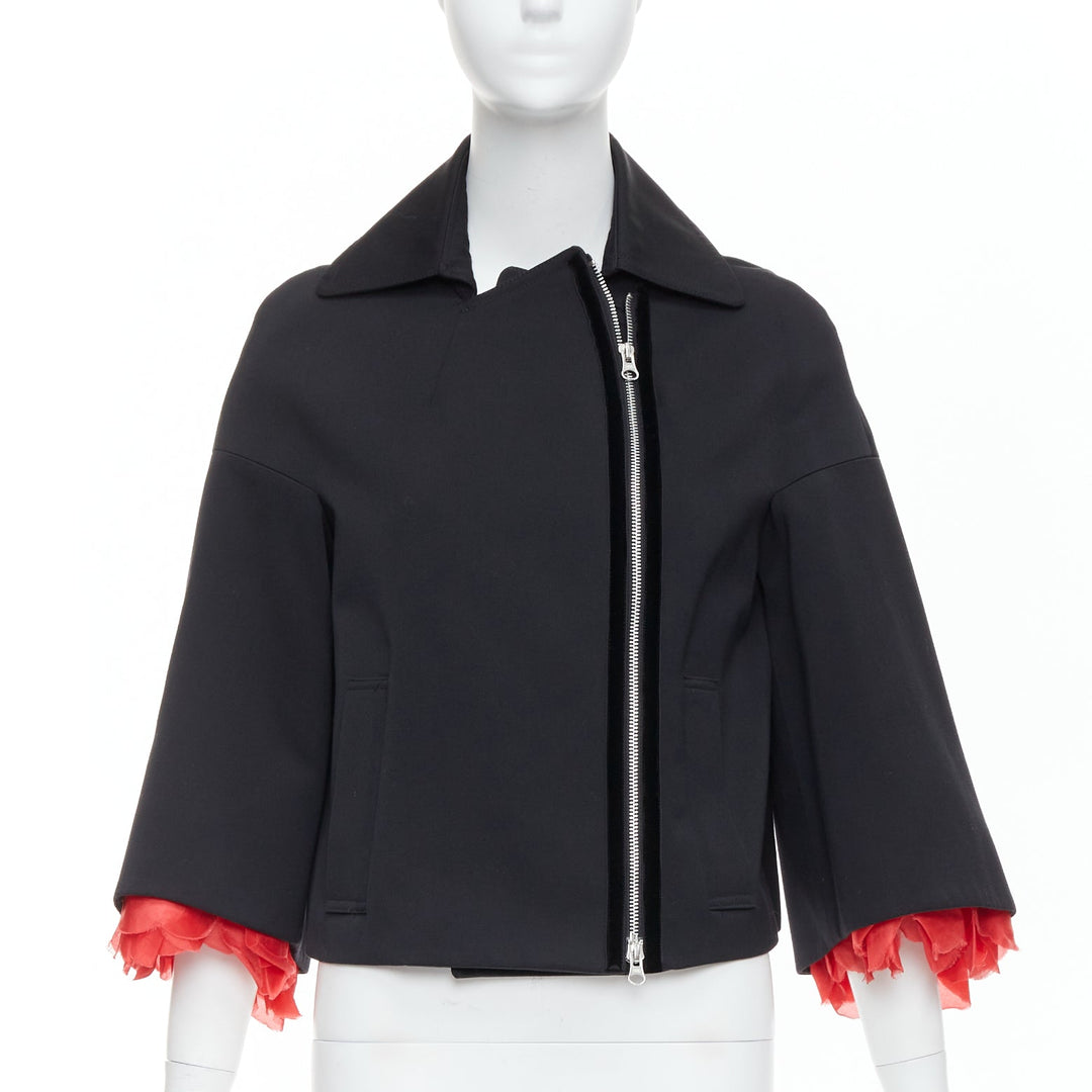 KEITA MARUYAMA black wool blend red petal cuffs flare biker jacket JP2 M