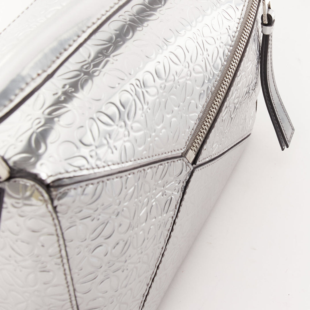LOEWE Small Puzzle metallic silver calfskin monogram embossed shoulder bag