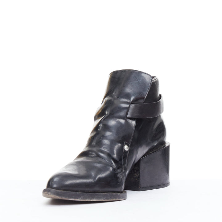 JIL SANDER black leather silver buckle block heel ankle boots EU38