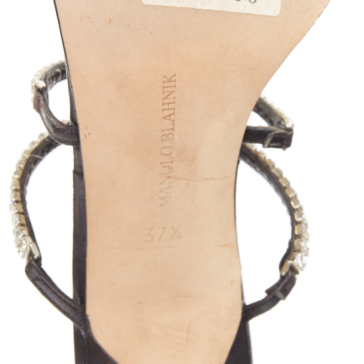 MANOLO BLAHNIK Vintage black leather crystal toe ring stiletto sandals EU37.5