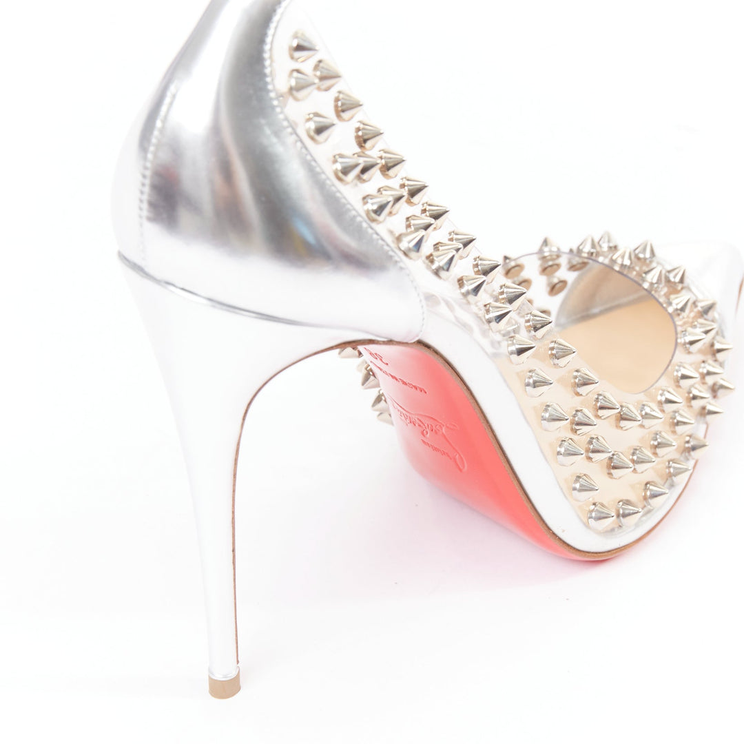 CHRISTIAN LOUBOUTIN Spike Me 100 Metal Gloss silver PVC spike stud pumps EU38