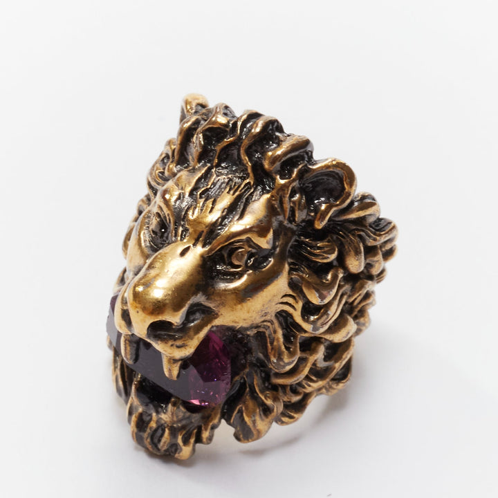 GUCCI Alessandro Michele gold lion purple crystal oversized cocktail ring Sz0