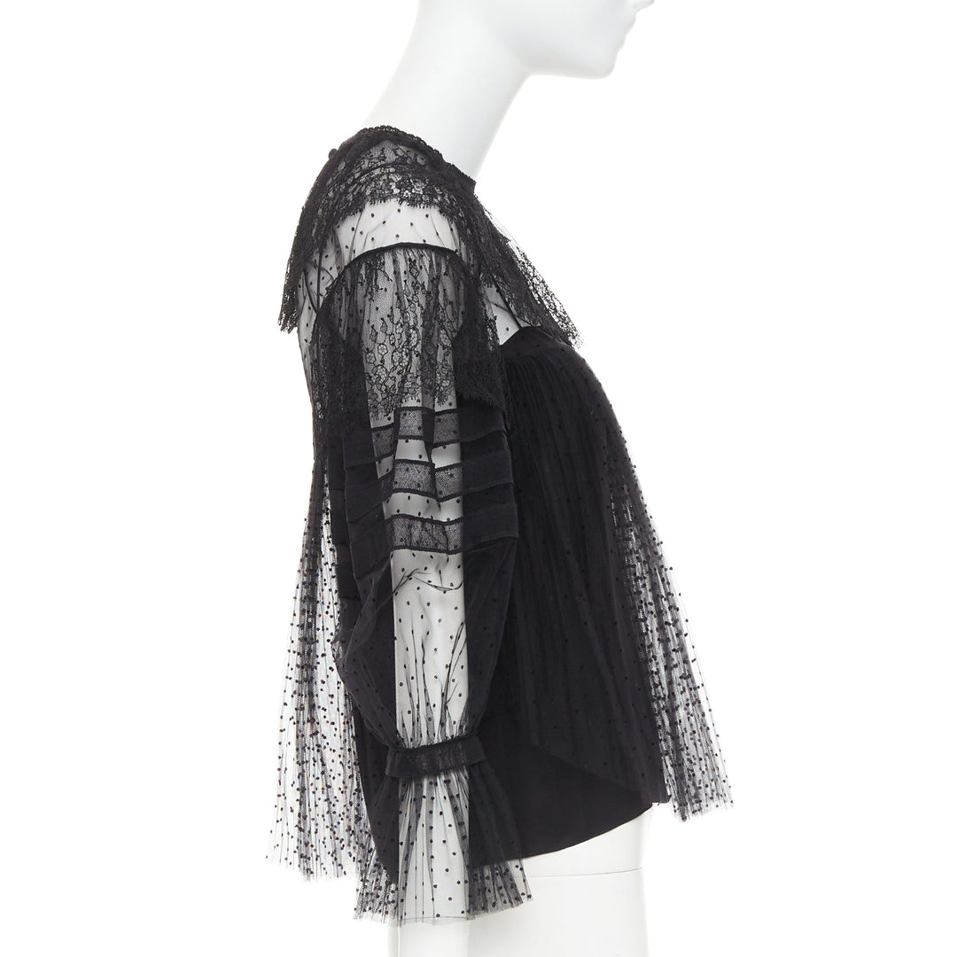 CHRISTIAN DIOR 2017 black sheer polka dot smocked lace Victorian top FR34 XS