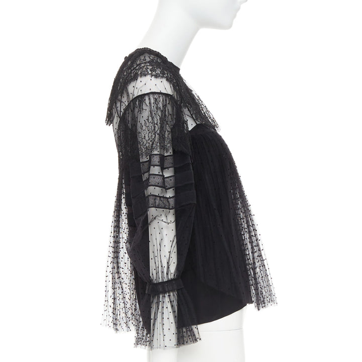 CHRISTIAN DIOR 2017 black sheer polka dot smocked lace Victorian top FR34 XS