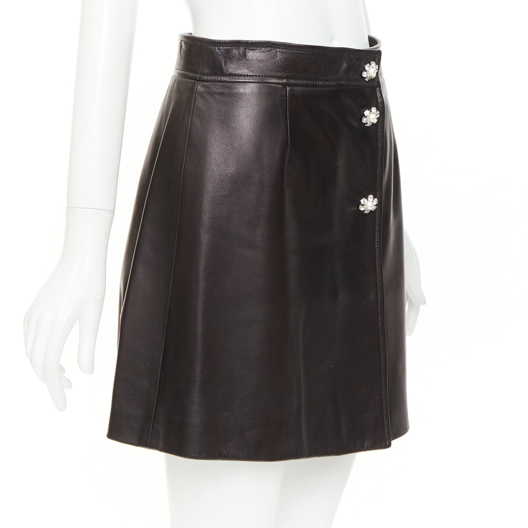 MIU MIU 2021 black lambskin nappa leather pearl floral button skirt IT40 S