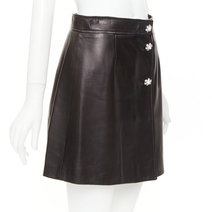 MIU MIU 2021 black lambskin nappa leather pearl floral button skirt IT40 S