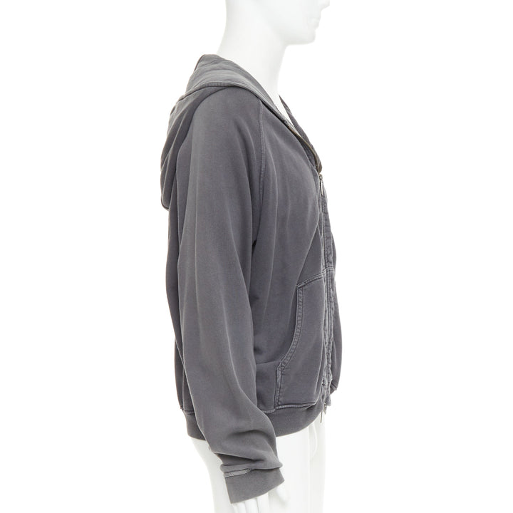 HAIDER ACKERMANN grey washed cotton raglan pocketed zip up hoodie top S