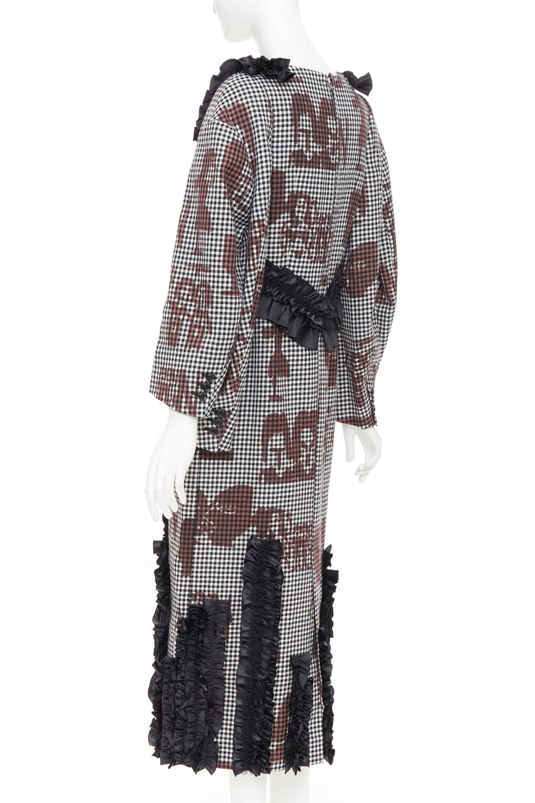 COMME DES GARCONS 2019 brown black wool gingham multi sleeve ruffle midi dress S