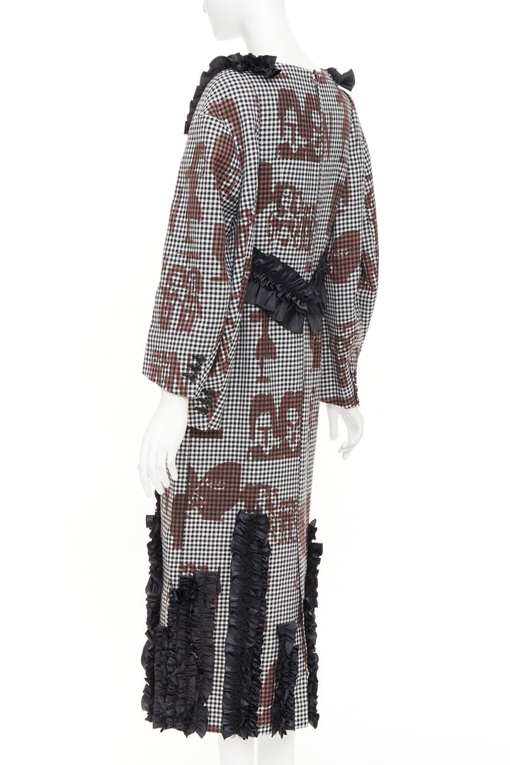 COMME DES GARCONS 2019 brown black wool gingham multi sleeve ruffle midi dress S