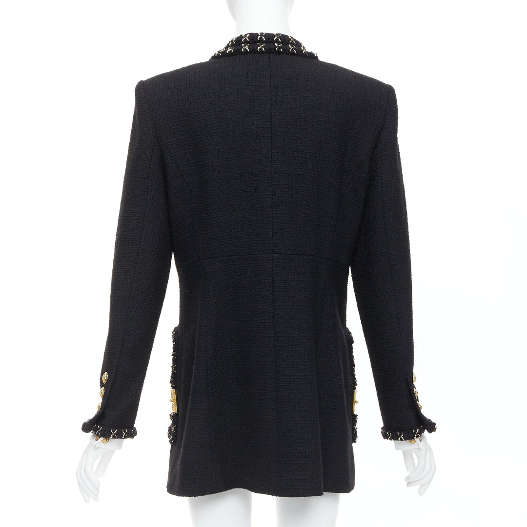 CHANEL 17A black tweed gold crosshatch braided Lionheart button long coat FR44