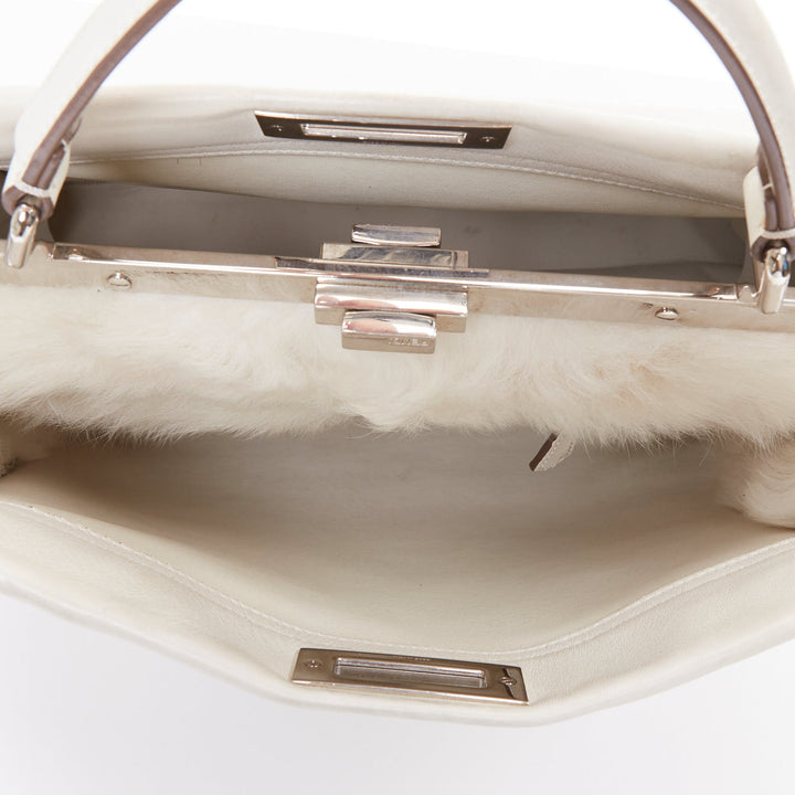 FENDI Peekaboo off white leather silver hardware Bug Monster fur eye lined bag
