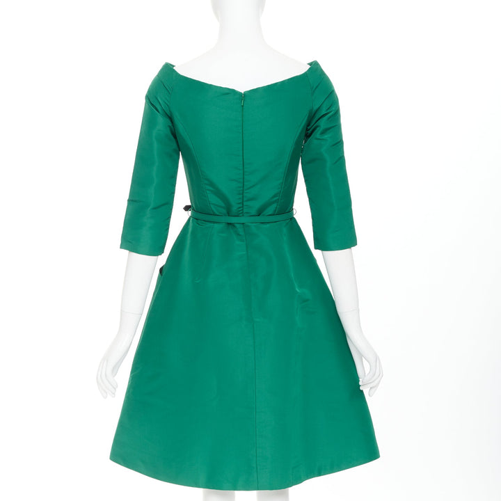 OSCAR DE LA RENTA F17 kelly green  silk taffeta bateau neck belted dress US0 XS