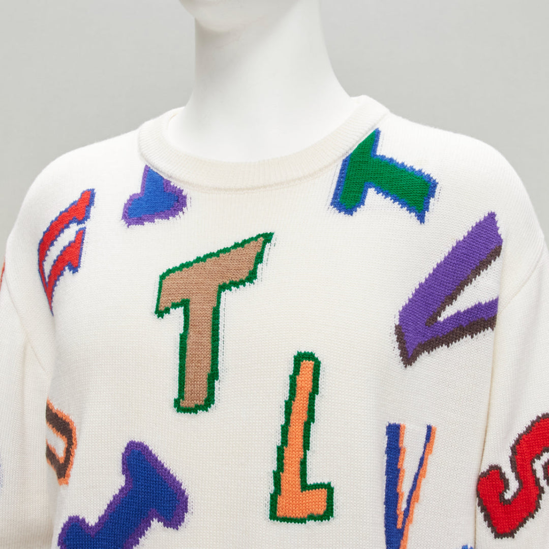 Male mannequin wearing Louis Vuitton by Virgil Abloh NBA AW2021 White Wool Men Sweater in Size  XL | Available at JHROP