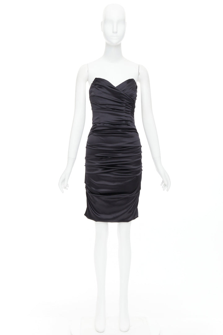 DOLCE GABBANA black silk blend angular bust rushed cocktail dress IT40 S