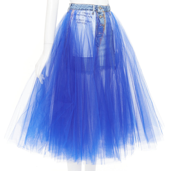 UNRAVEL PROJECT Ben Taverniti denim tulle inside out layered midi tutu skirt 24"