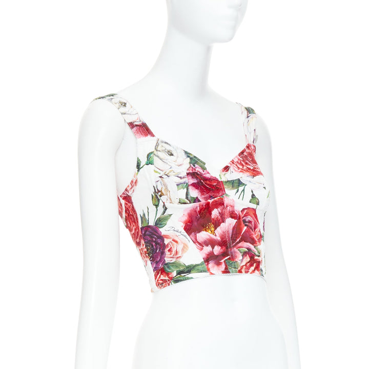 DOLCE GABBANA pink purple white rose print crop bustier top IT36 XS