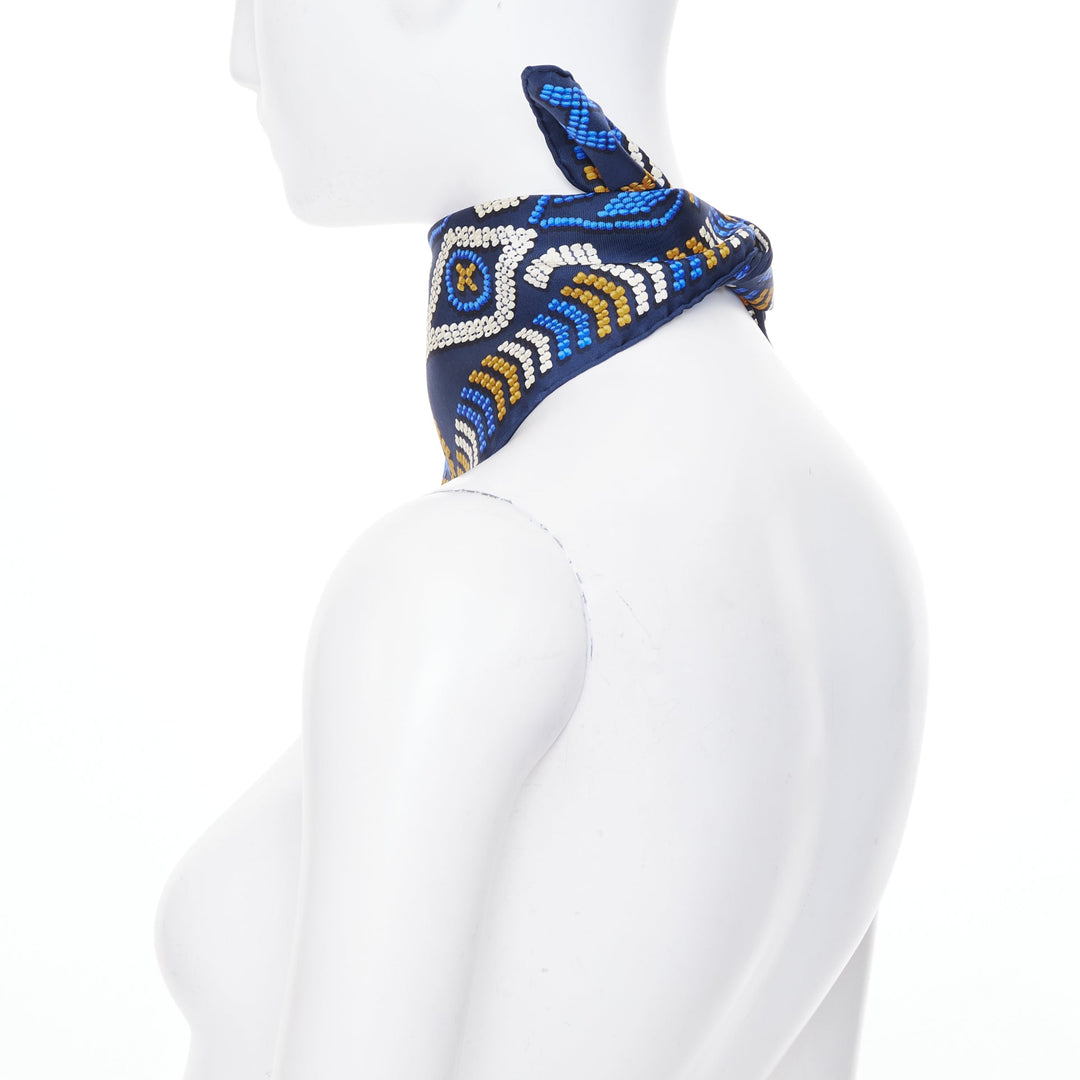 HERMES Gavroche 45 Kelly en Perles bead print navy blue silk twill scarf