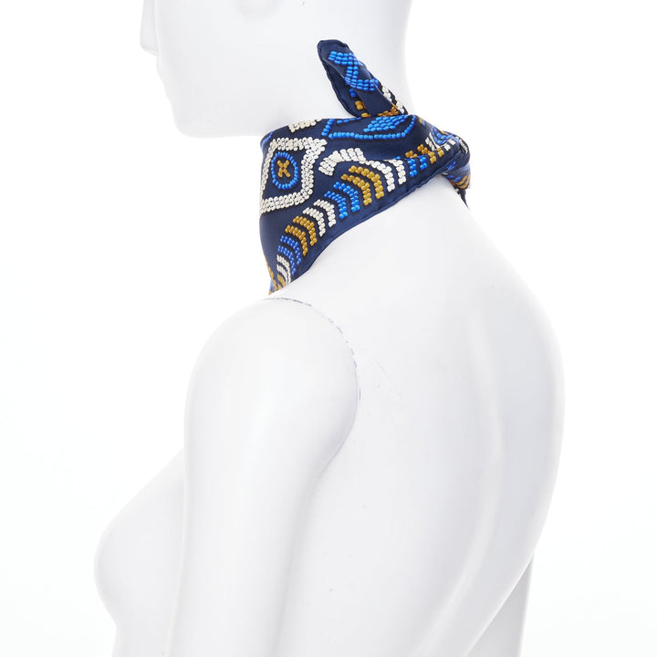 HERMES Gavroche 45 Kelly en Perles bead print navy blue silk twill scarf