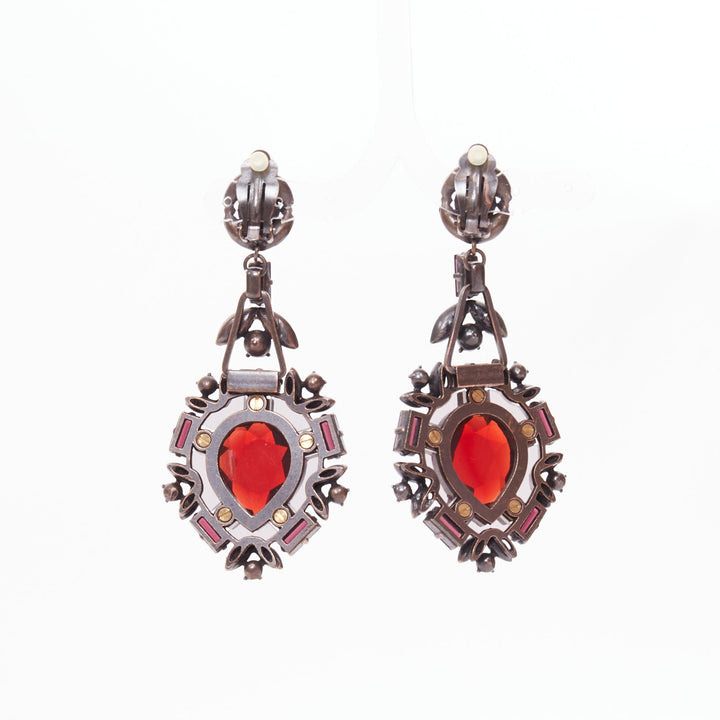 LANVIN Alber Elbaz red crystal rhinestone teardrop statement clip earrings pair