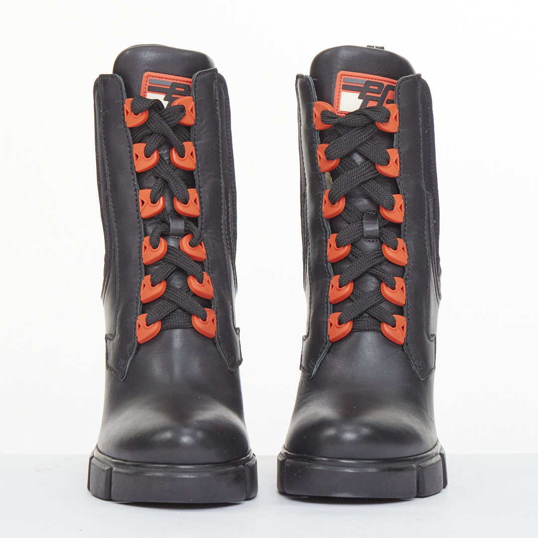 PRADA 2018 Runway black leather neoprene orange accent chunky heel boots EU37