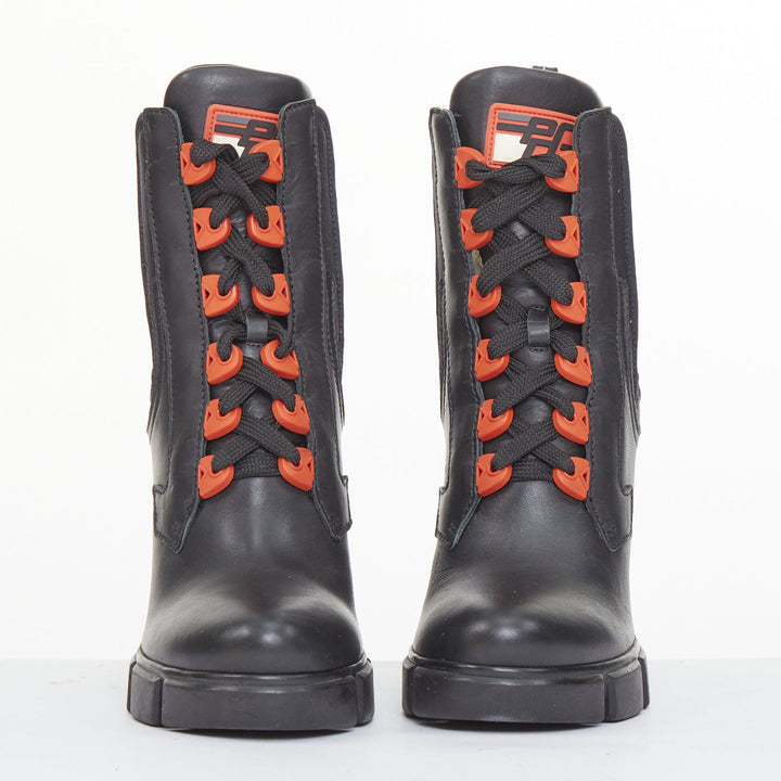 PRADA 2018 Runway black leather neoprene orange accent chunky heel boots EU37