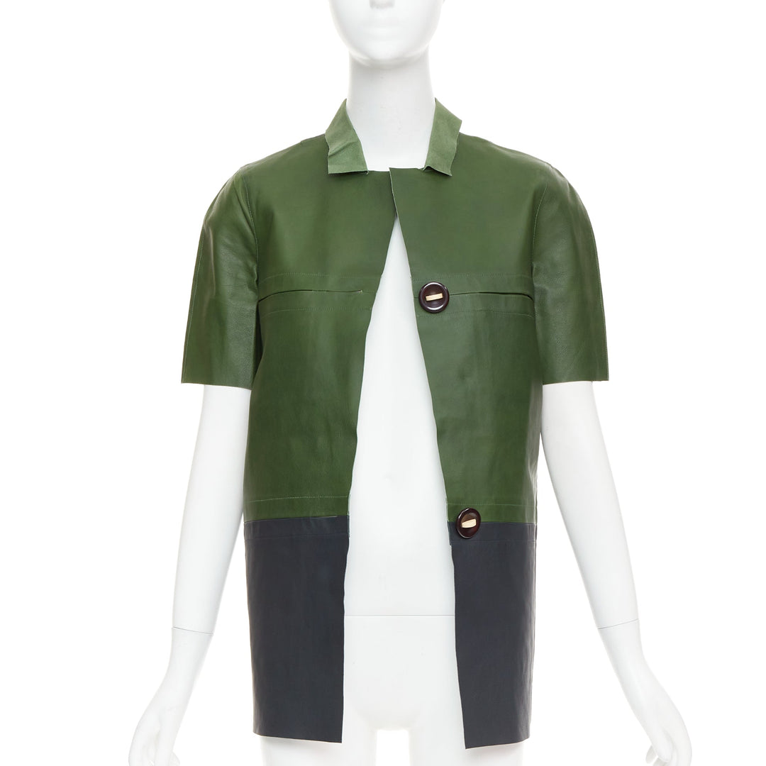 MARNI 2012 green navy calf leather geometric buttons round sleeve coat IT38 XS