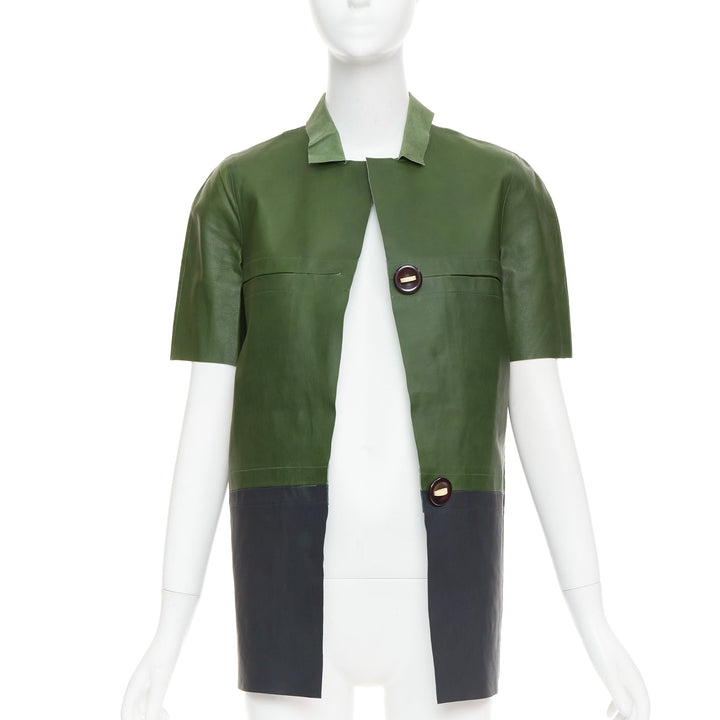 MARNI 2012 green navy calf leather geometric buttons round sleeve coat IT38 XS