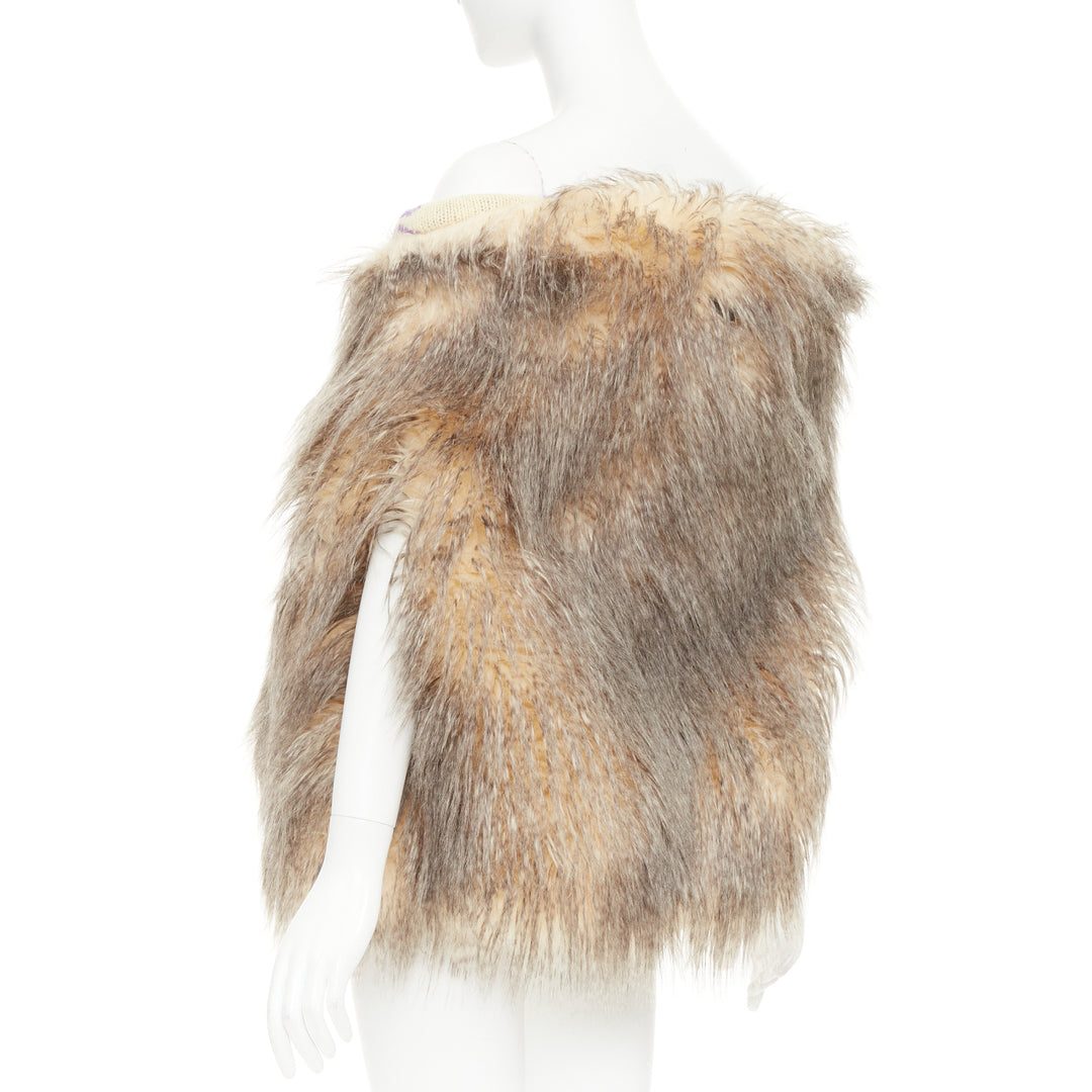 PRADA Raf Simons 2021 Runway brown fur purple floral jacquard clutch shawl IT38