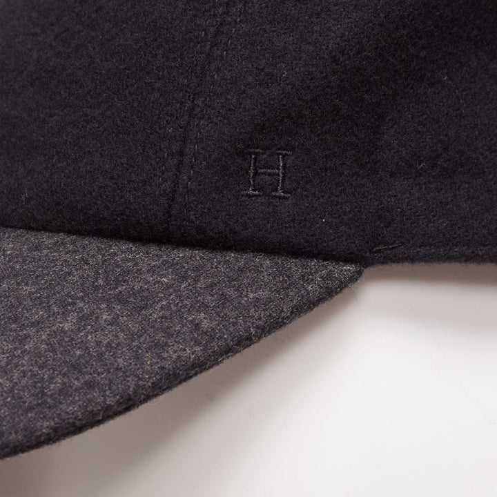 HERMES navy grey 100% virgin wool 4 panels logo snap button cap Sz.38