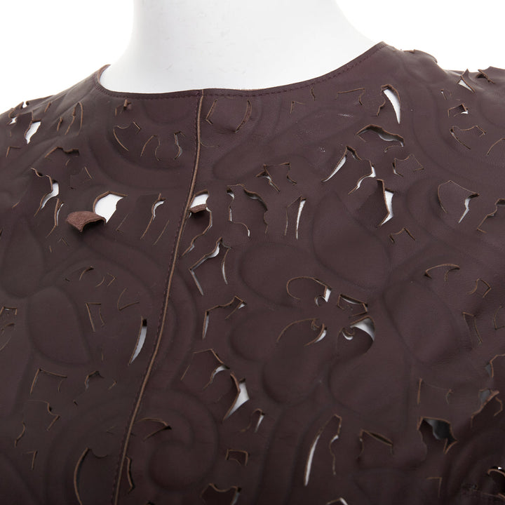 rare CARVEN Cassis brown laser cut lambskin leather floral top FR36