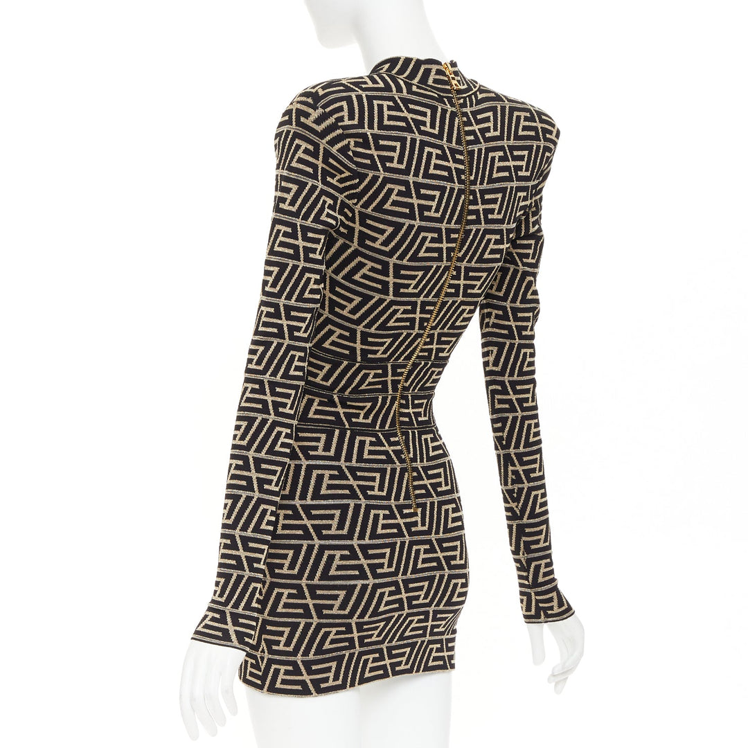 BALMAIN Monogram Knit Dress gold black geometric metallic brocade jersey dress