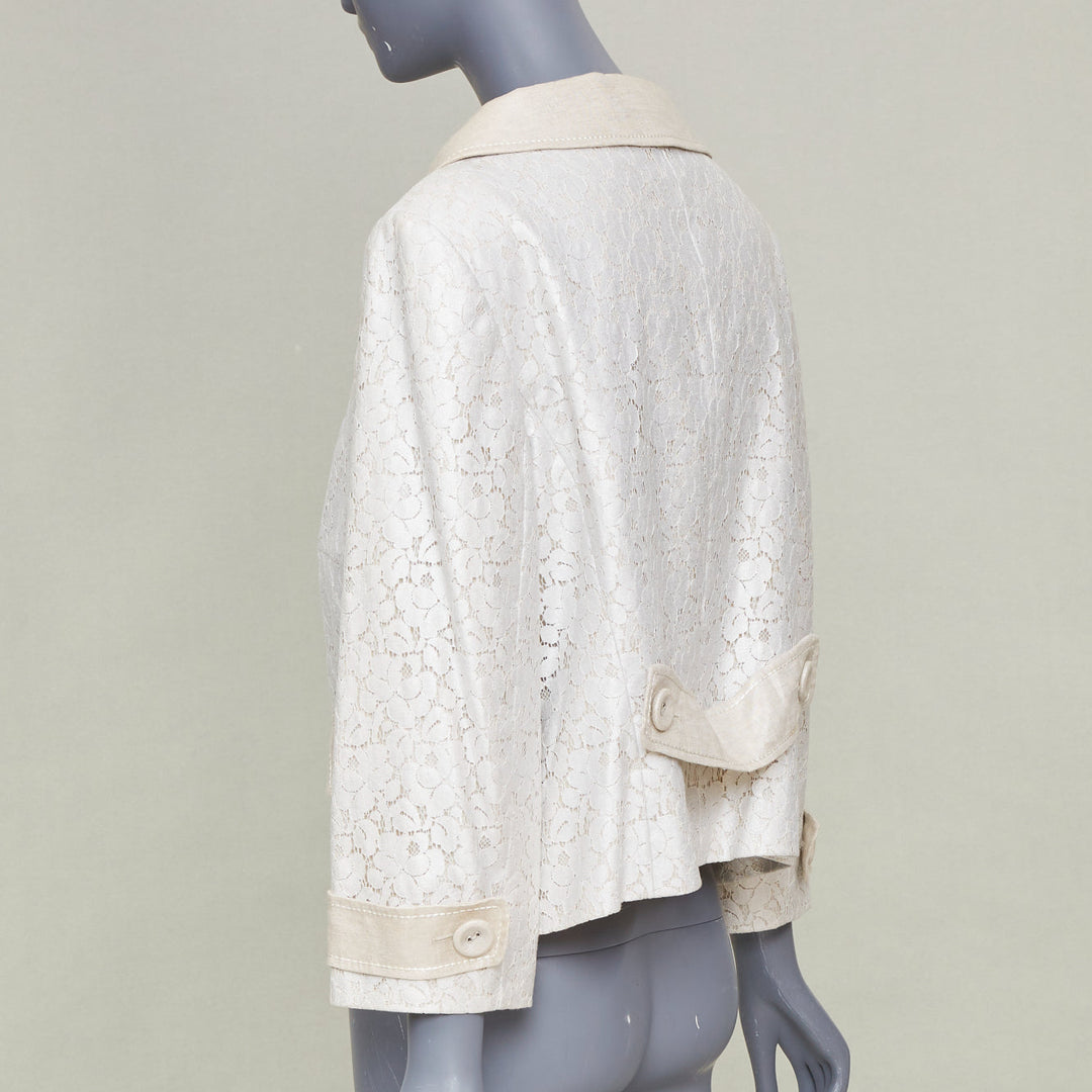 ESCADA 1990s vintage beige silver metallic lace peter pan collar jacket IT44 L