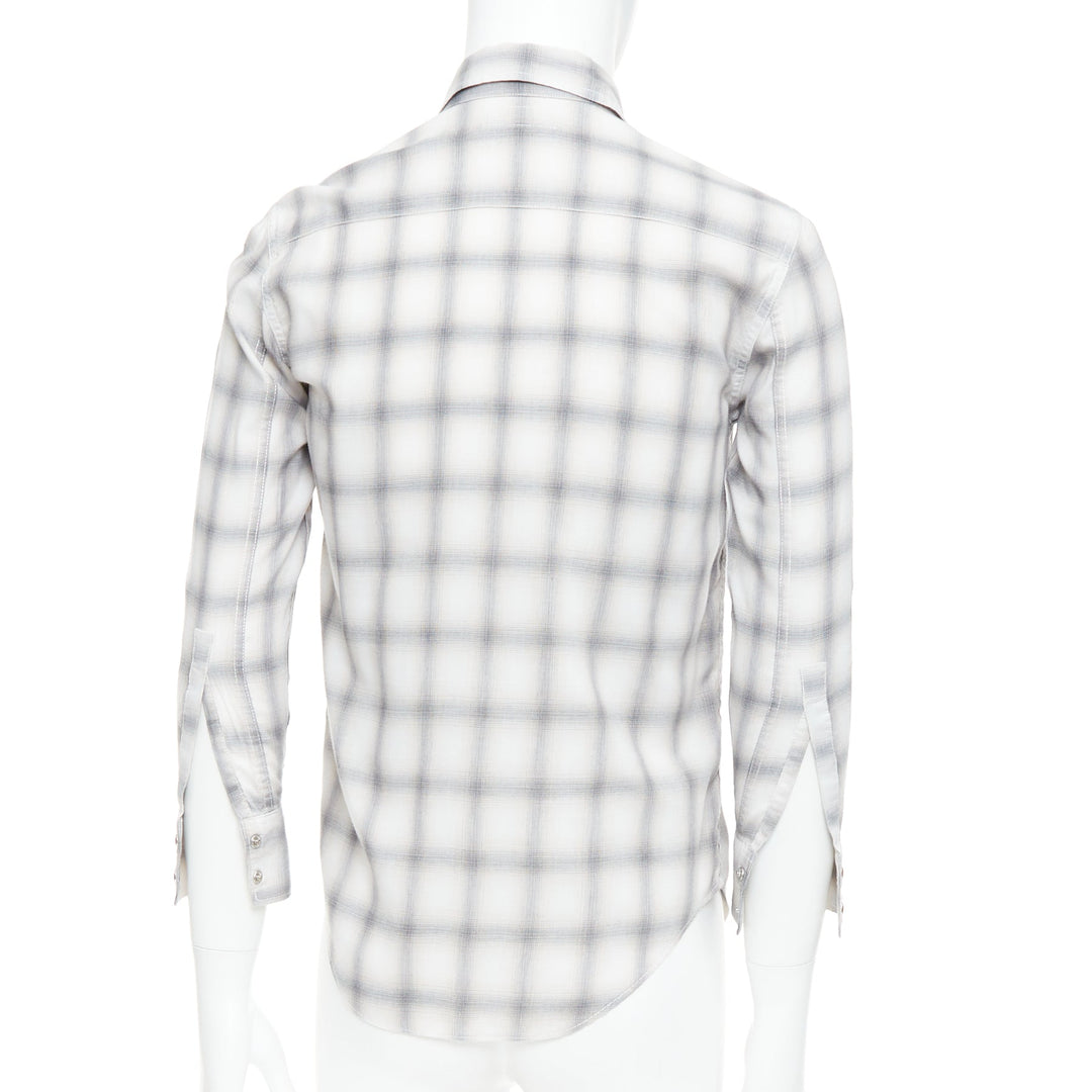 SAINT LAURENT 2016 grey cream checked resin snap buttons shirt M