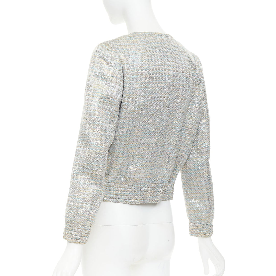 DRIES VAN NOTEN 2017 silver multicolor geometric jacquard crop jacket FR40 L
