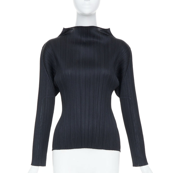 ISSEY MIYAKE Pleats Please black plisse angular mock neck top JP3 L