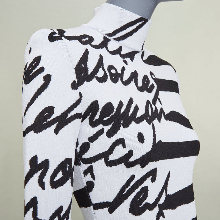BALMAIN white black script stripe jacquard mock neck knit zip dress FR34 XXS