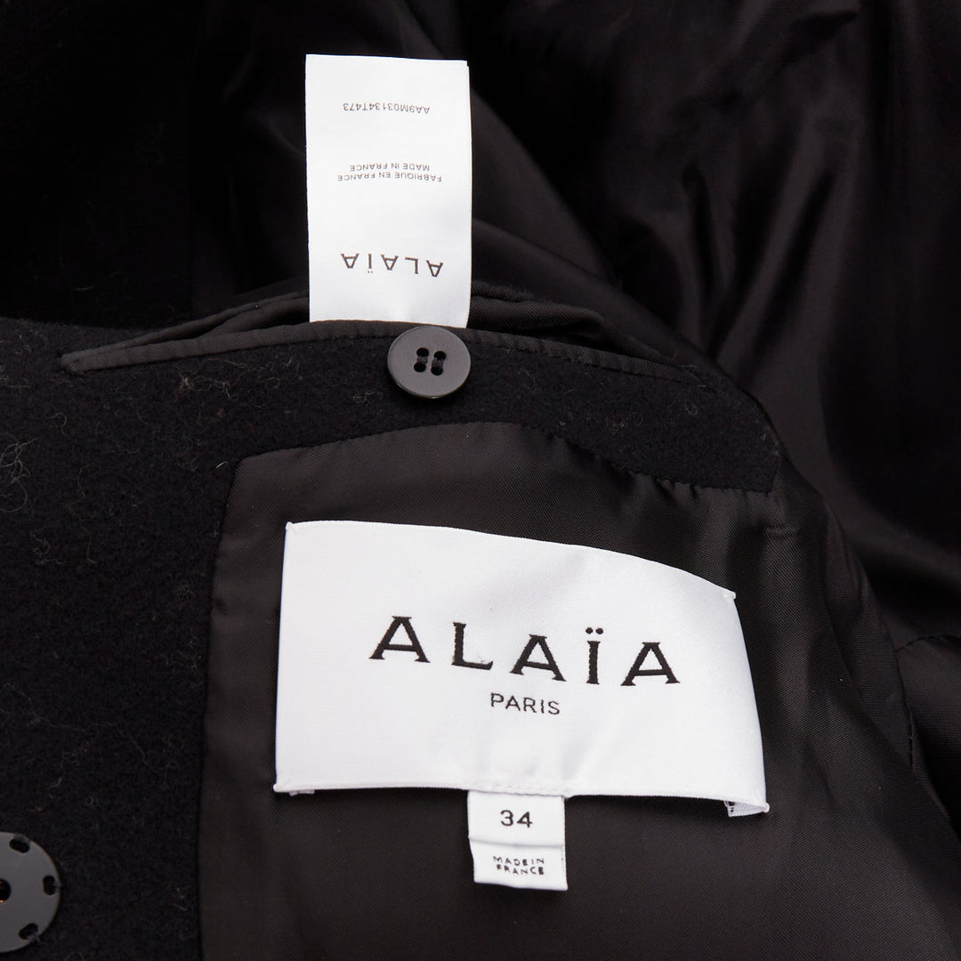 ALAIA black 100% double faced virgin wool oversized cocoon egg coat FR34 XS