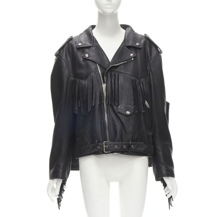 BALENCIAGA  2017 Runway 3-way draped hanging fringed biker jacket FR36 S