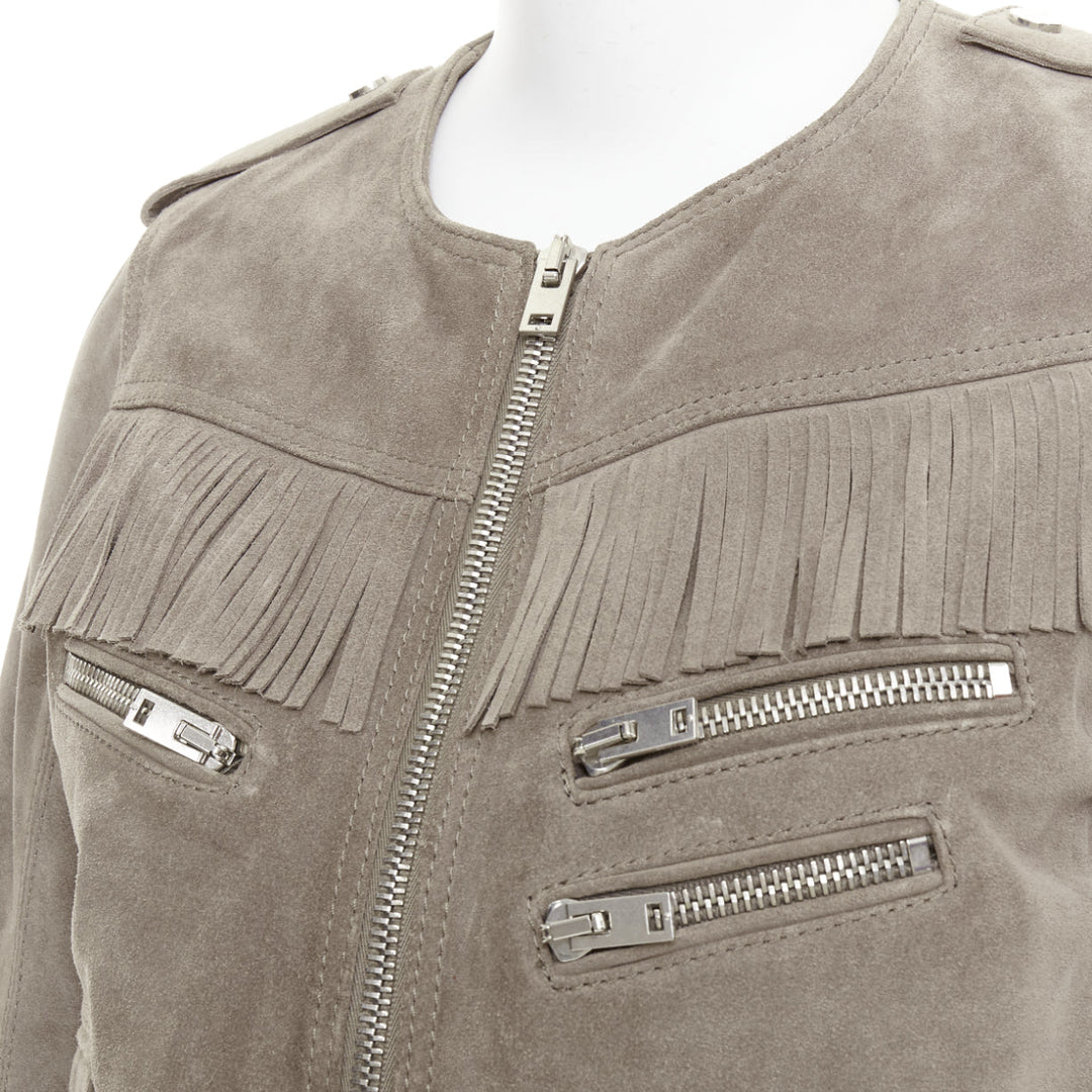 THE KOOPLES taupe cow suede leather western fringe belted biker jacket M