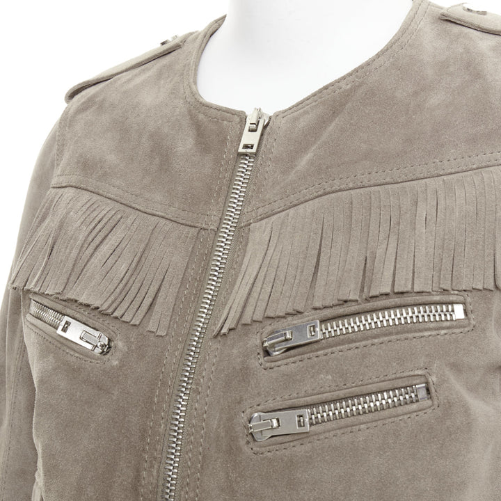 THE KOOPLES taupe cow suede leather western fringe belted biker jacket M