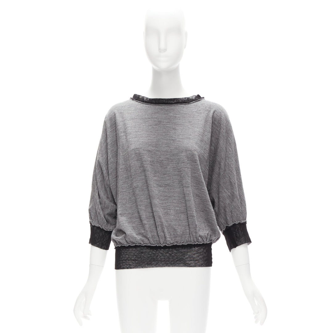 LANVIN 2005 light grey wool cashmere mesh trim batwing sweater FR36 S
