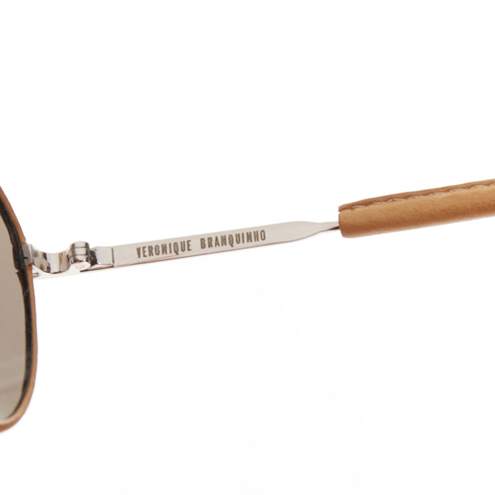 LINDA FARROW Veronique Branquinho tan leather trim aviators pilot sunglasses